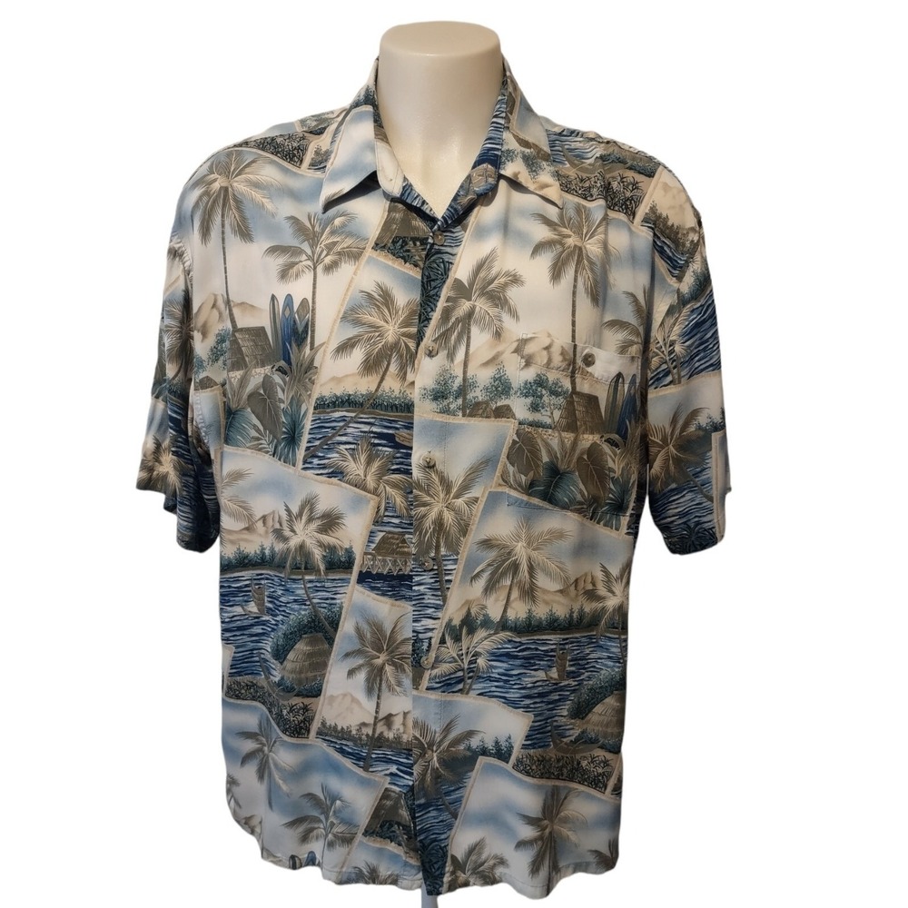St Johns Bay Shirt Men's XXL Hawaiian Tropical Postcard Blue‎ Rayon Retro Beach